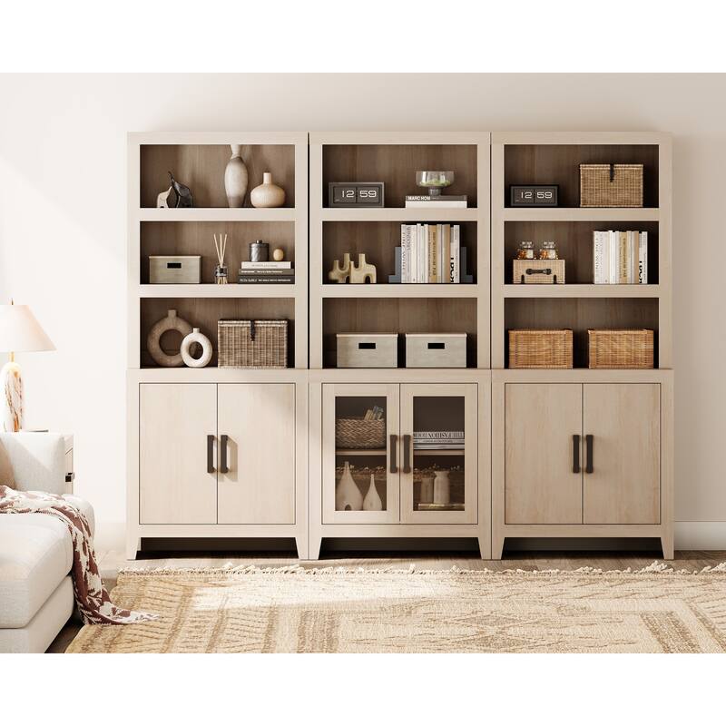 WAMPAT Tall Bookshelf with Doors, Farmhouse Bookcase with Open Shelves for Living Room & Home Office