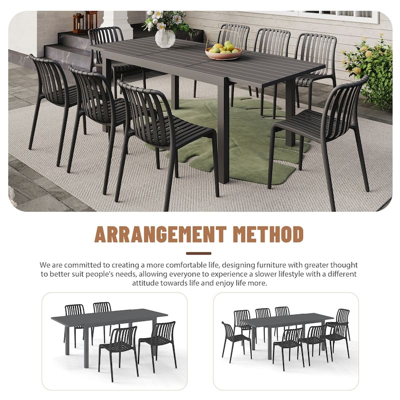 Outdoor Dining Set 9-Piece Stackable Plastic Lightweight Dining Armchair and Extendable Dining Table