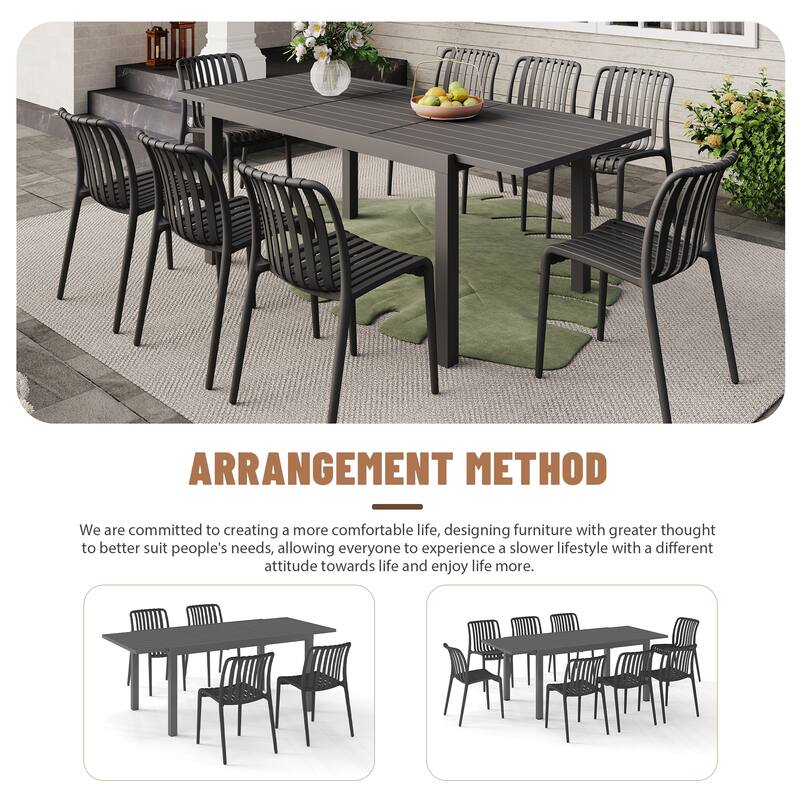 Outdoor Dining Set 9-Piece Stackable Plastic Lightweight Dining Chair and Extendable Dining Table