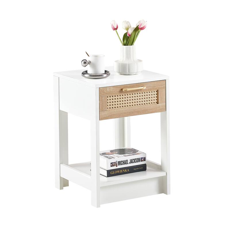 15.75" Rattan End table with drawer,Modern nightstand,side table for living room,bedroom