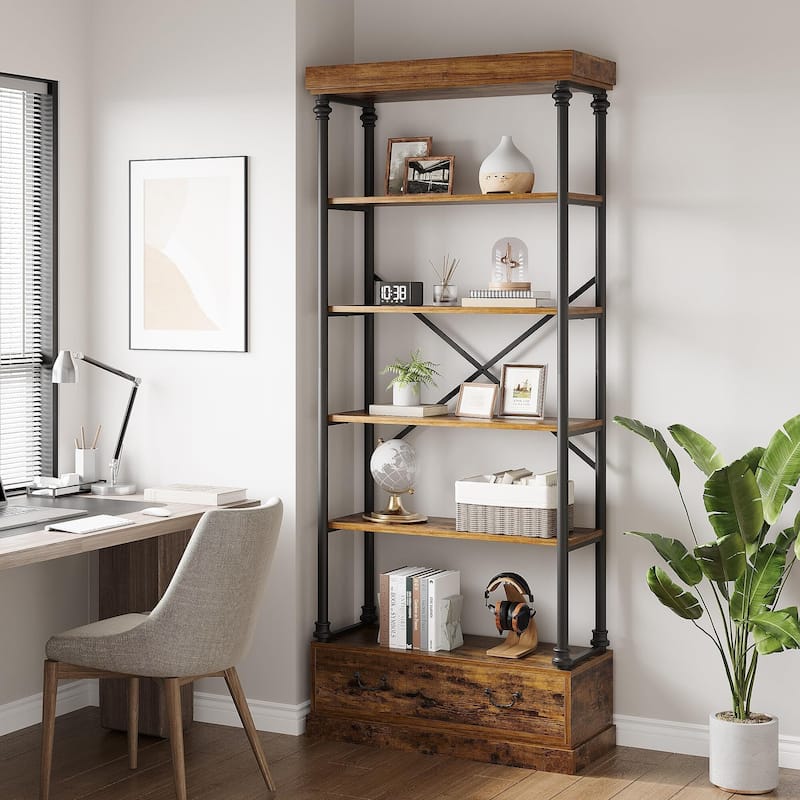 Bookshelf with Drawers,81.29" Tall, 5 - Tier Vintage Bookcase, Metal - Frame Shelf