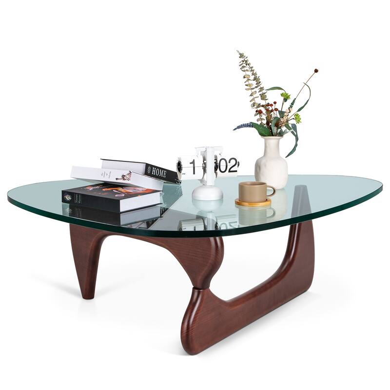 Modern Triangle Glass Coffee Table with Solid Wood Base