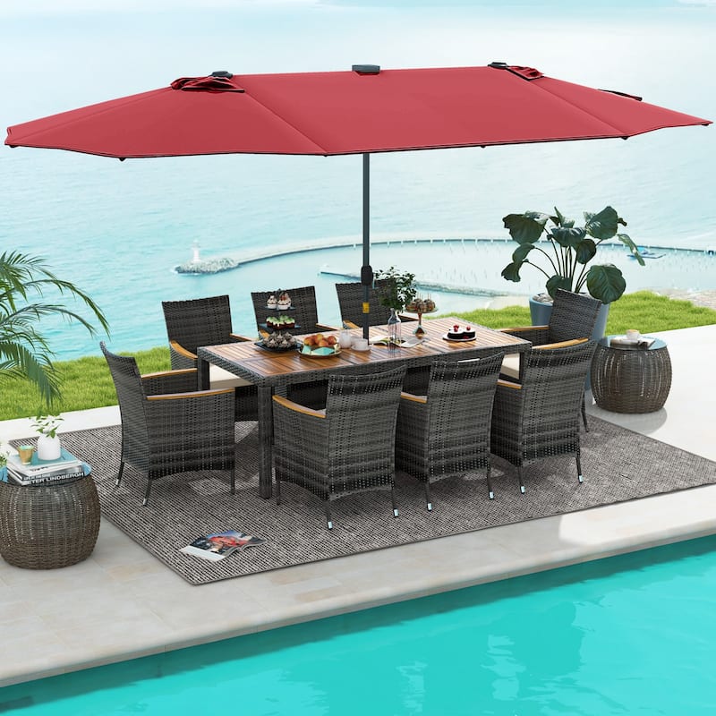 Costway 11 PCS Patio Dining Set with 15 ft Double-Sided Patio Umbrella - See Details - Wine