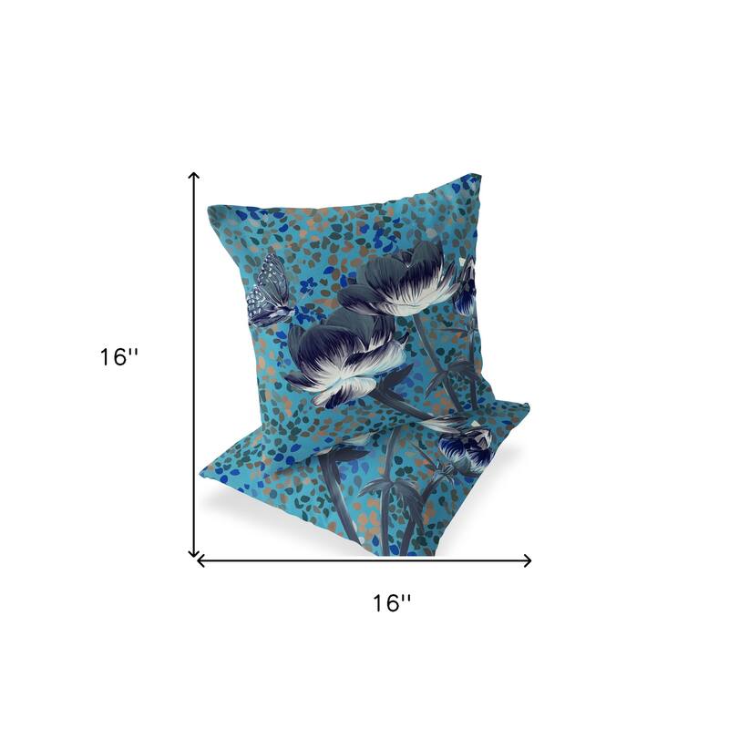 HomeRoots Set of Two 16" X 16" Blue and Green Butterfly Blown Seam Floral Indoor Outdoor Throw Pillow - 16.00' X '16.00' X '5.00