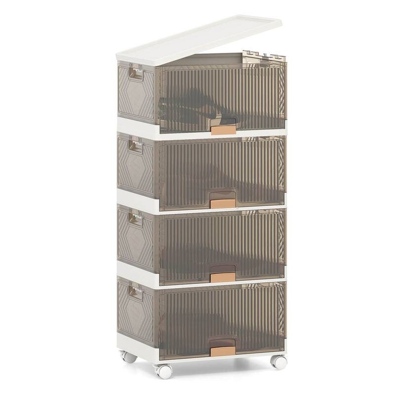 Costway 4-Cube Stackable Storage Bins with Detachable Wheels 13.5Gal - See Details - White + Brown - See Details