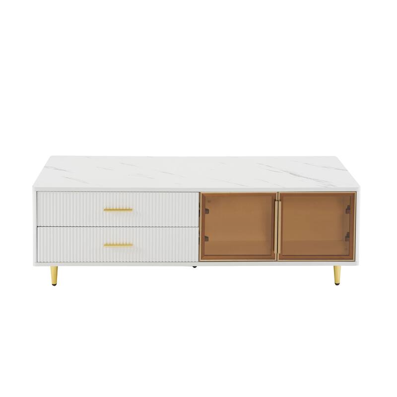 47.2" Modern Coffee Table with 2 Glass Door, 4 Drawers and Multi-Color Lighting