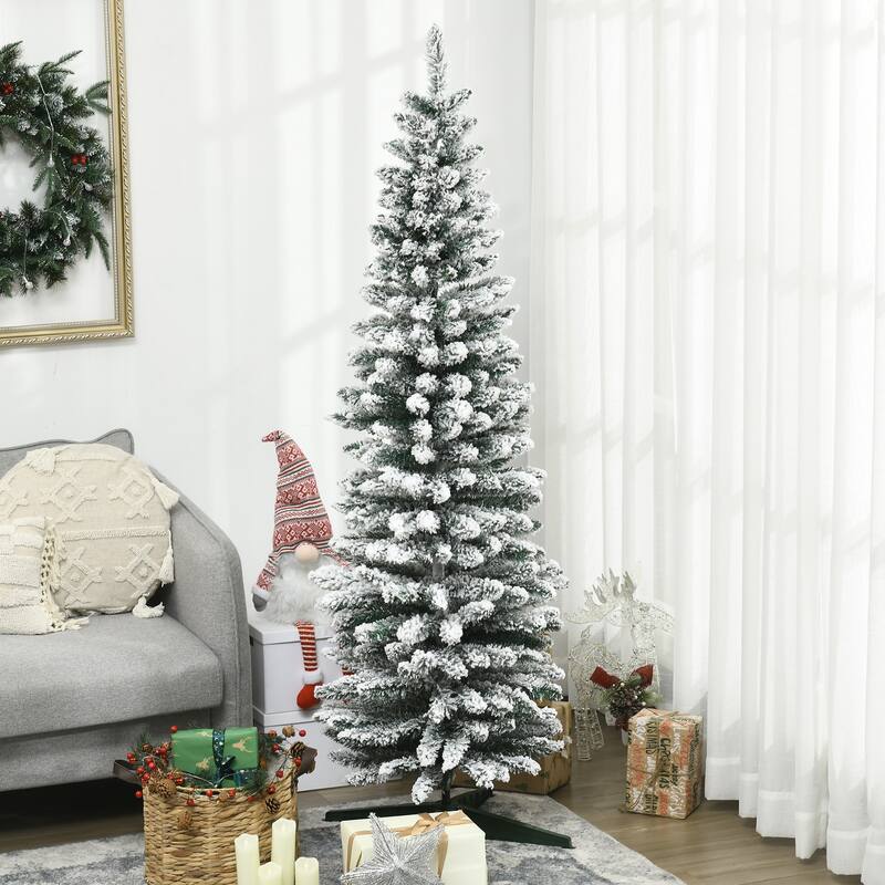 6 ft Snow Flocked Artificial Christmas Tree with 390 Tips for Indoor Holiday Decoration Easy Assembly and Stable Base - Green