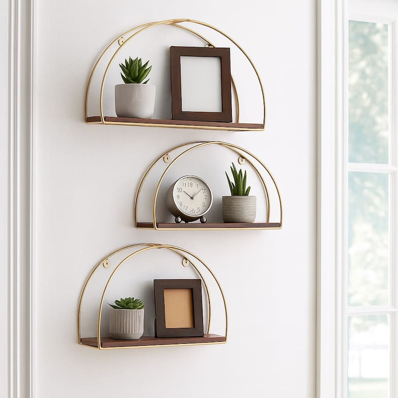 Metal Wood Arched Wall Shelves Set - Brown, 10/12/14" - 21.0"