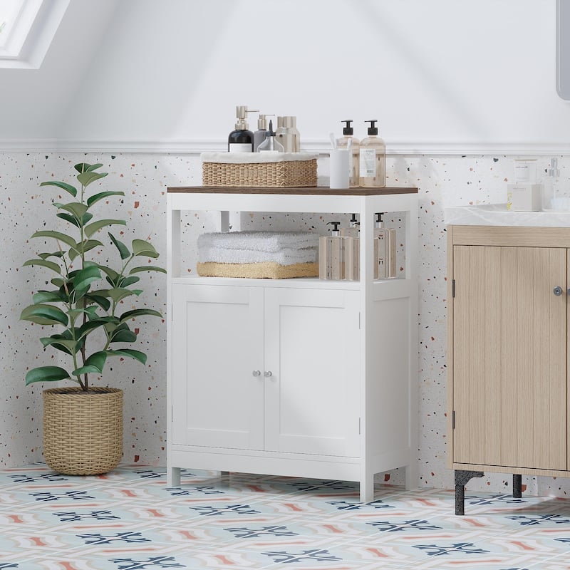 Modern Storage Cabinet with Double Doors, Free-Standing Bathroom Cabinet with Adjustable Shelf and Natural Wood Top