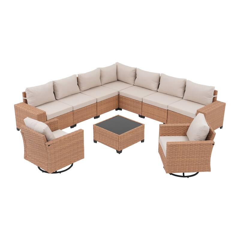 Outdoor L-Shaped Conversation Set Sectional Sofa 10-Piece Swivel Chair with Cushions Coffee Table PE Wicker Rattan