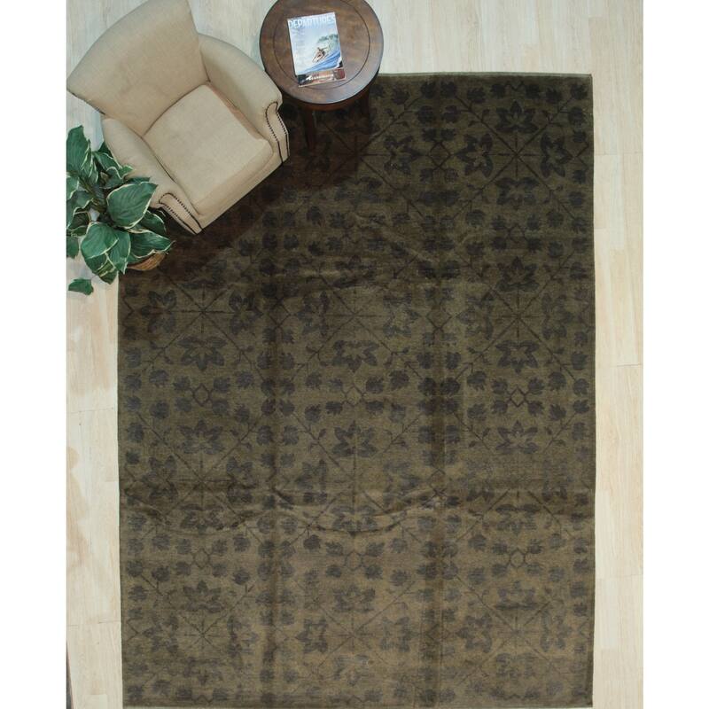 Green Handmade Wool Transitional Rug 8'9 x 11'9 - Hand Knotted Natural Dyes Soft Pile Cotton Foundation - N/A