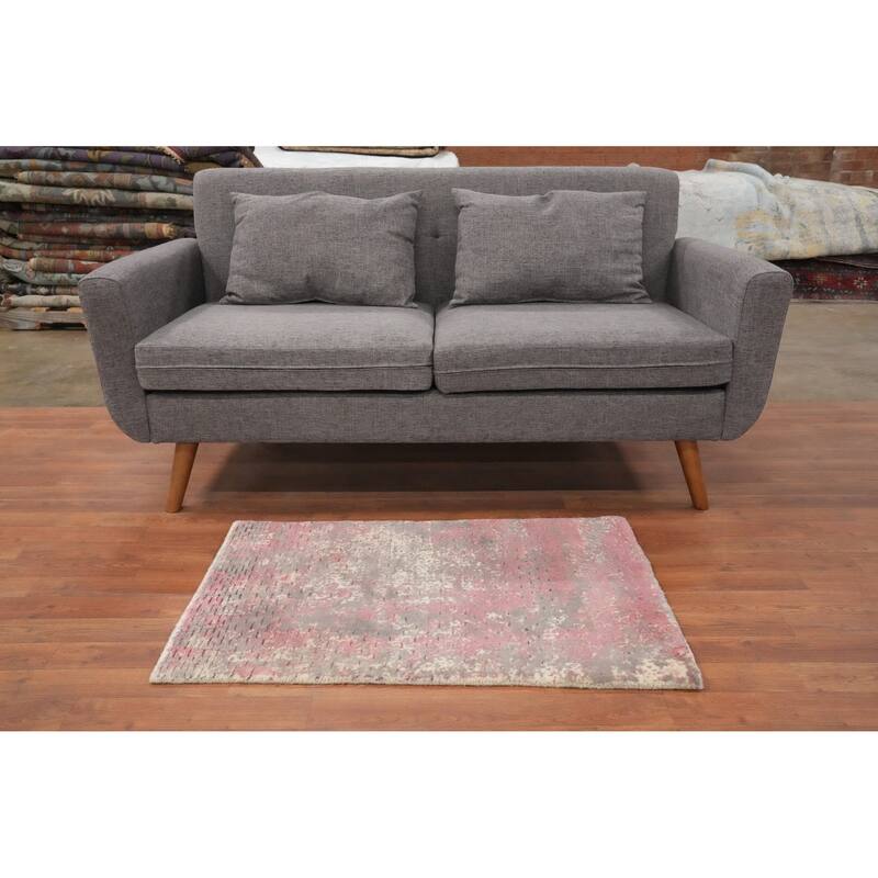 Hand Knotted Oriental Viscose Silk Carpet Modern All-Over Pink Abstract Area Rug - 3' 0'' X 2' 0''