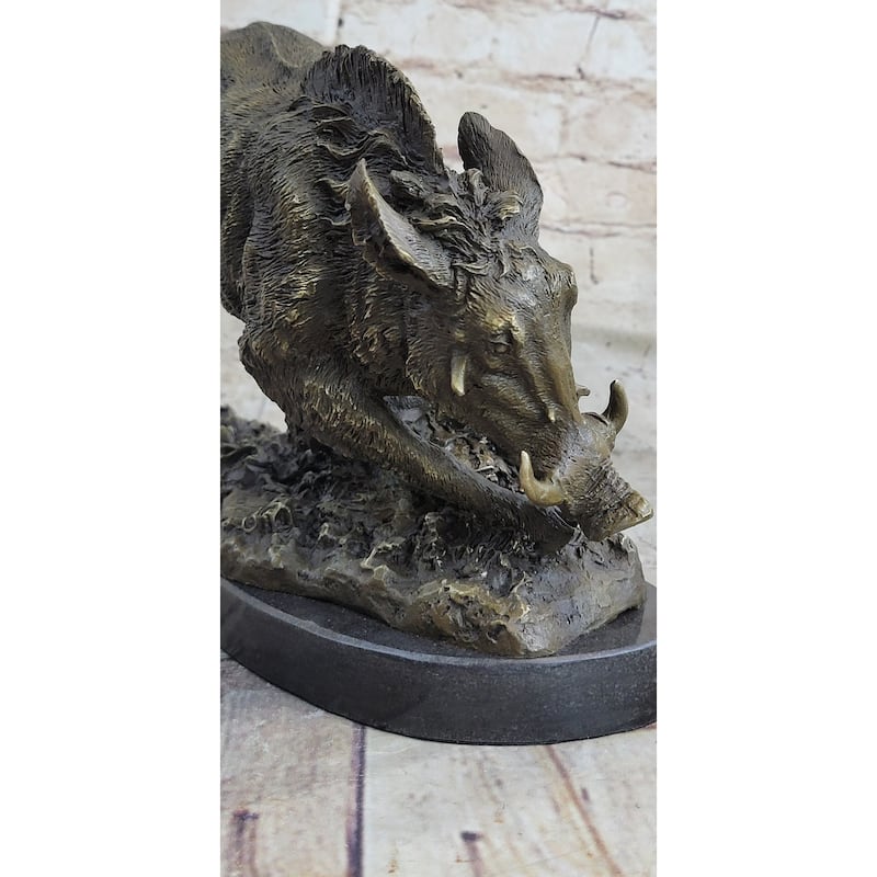 Wild Boar Feral Hog Pig Kicking Hind Legs Bronze Sculpture Statue Figure On Marble Base