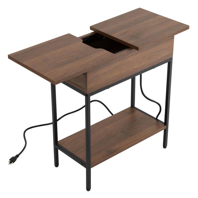 Flip Top Narrow End Table with Storage and Built-In Outlets, Small Side Table