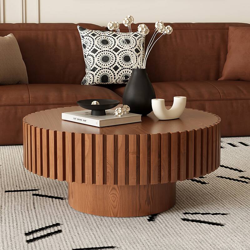 Wooden Handcrafted Relief Round Coffee Table with Sturdy Pedestal