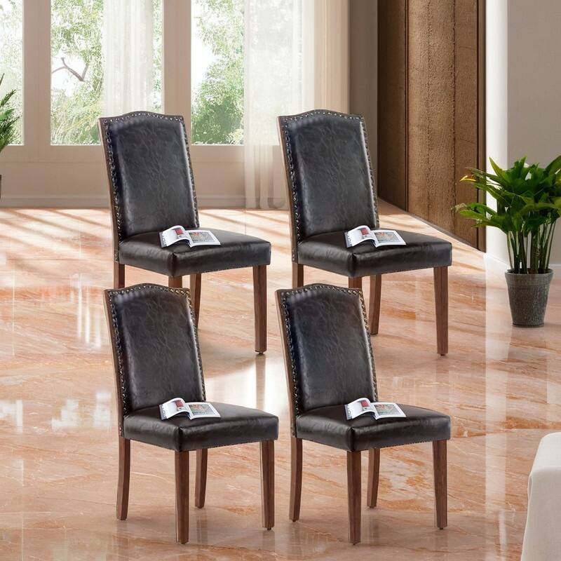 Dining Chairs With Upholstered Fabric - Set of 4 - Dark Brown Leather