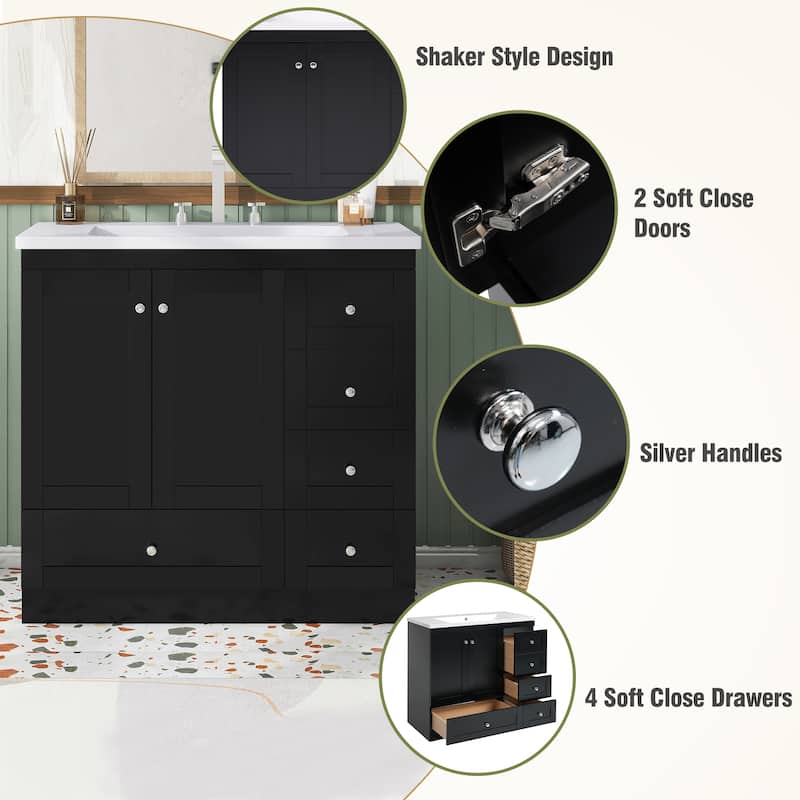 GDFStudio - Vega Wood & Ceramic 36" Shaker Style Bathroom Vanity with Sink, 4 Drawers & 2 Doors