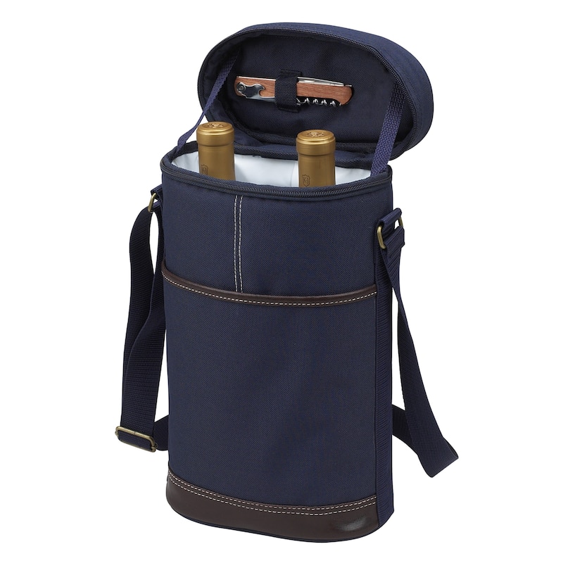 Picnic at Ascot - Insulated 2 Bottle Travel Wine Tote with Corkscrew & Shoulder Strap - Navy