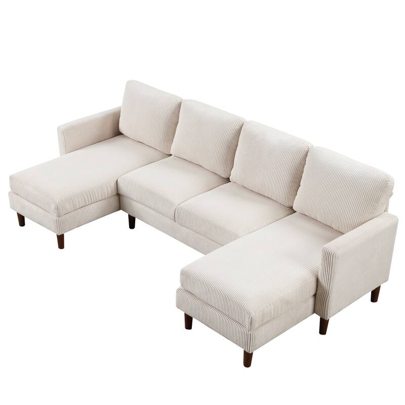U-shaped Corduroy Fabric Combination Sofa with Solid Wood Legs and Sponge-filled Cushion