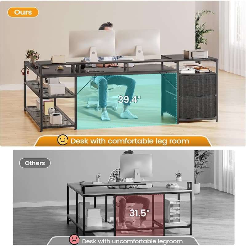 67" L Gaming Shaped Desk Storage Shelves Power Outlet 2 Drawers