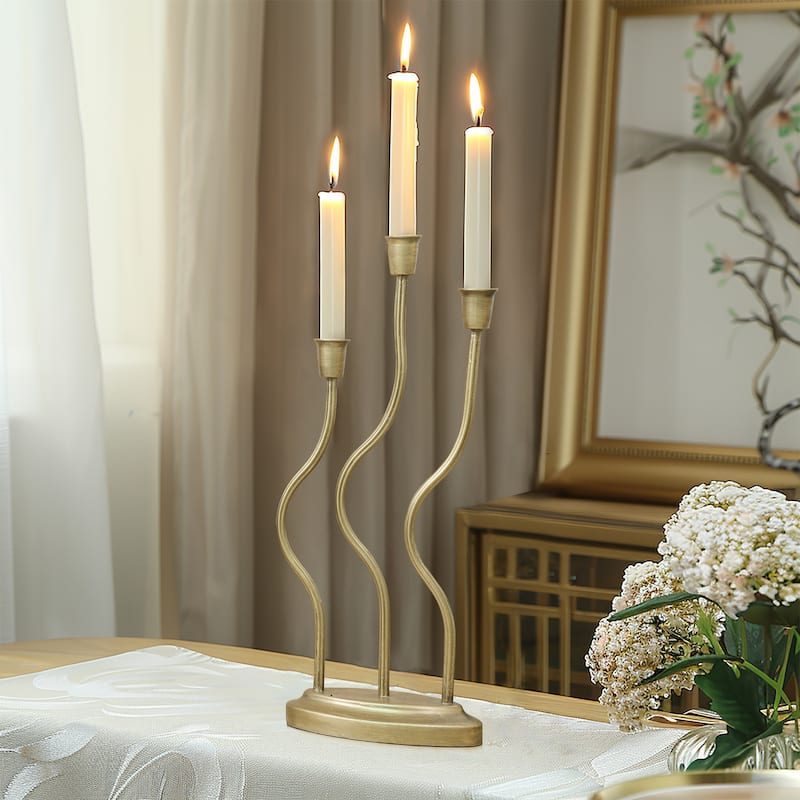 Gold Metal 3-Taper Candle Holder Tabletop Sculpture - 15.35" H x 6.9" W x 3.5" D