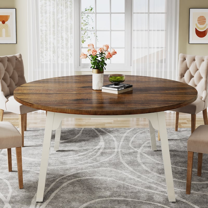 47 Inch Round Dining Table for 4, Farmhouse Kitchen Table - Brown and White