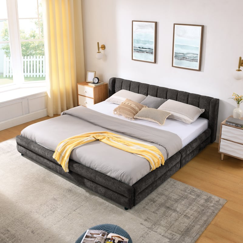 King Upholstered Bed Frame with Storage Drawer, Thick Padded Headboard & Solid Frame in Chenille Fabric