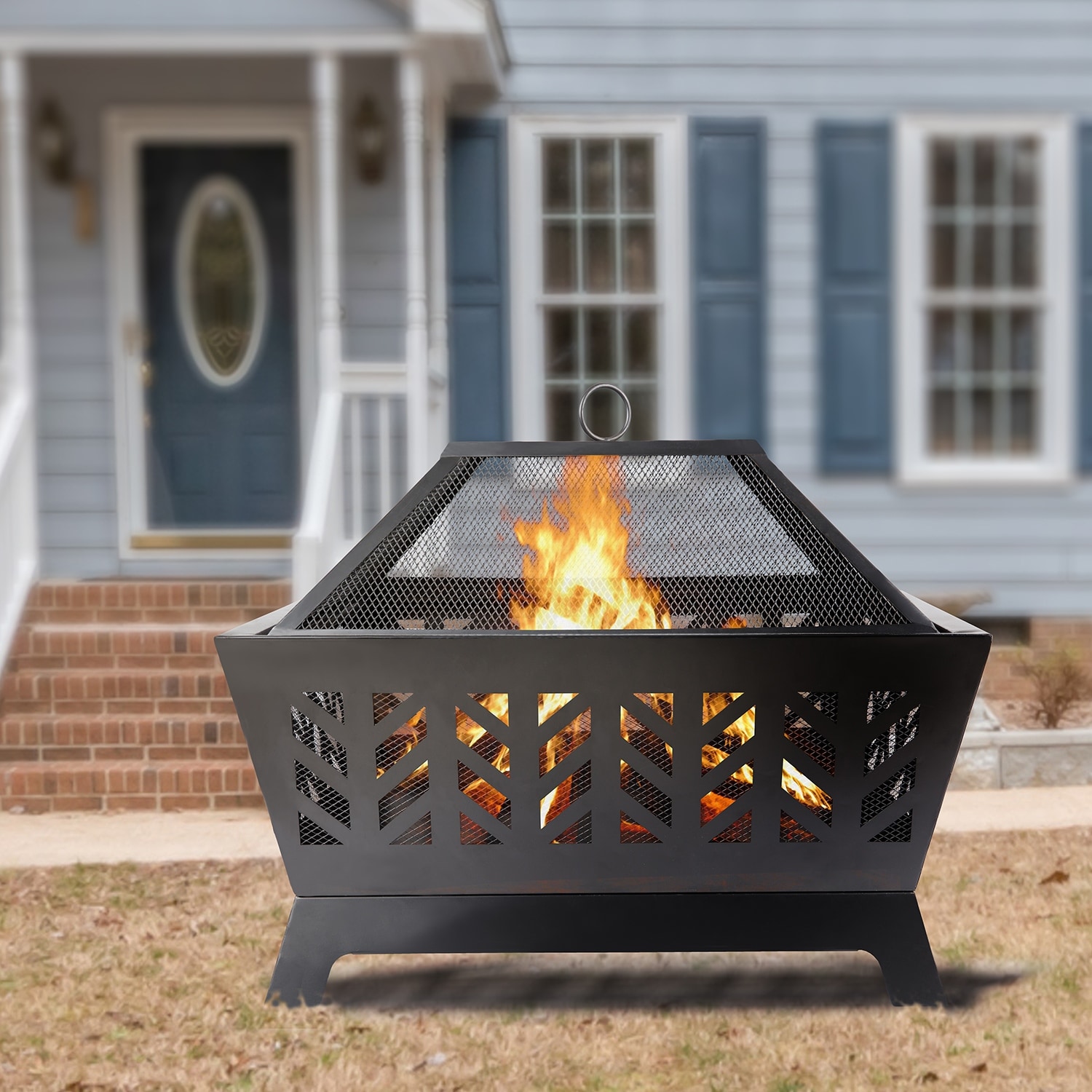 IGEMAN Square Iron Fire Pit with Top Ring Mesh Lid for Backyard Garden, 25.98L*25.98W*22.83H, 17.86LBS
