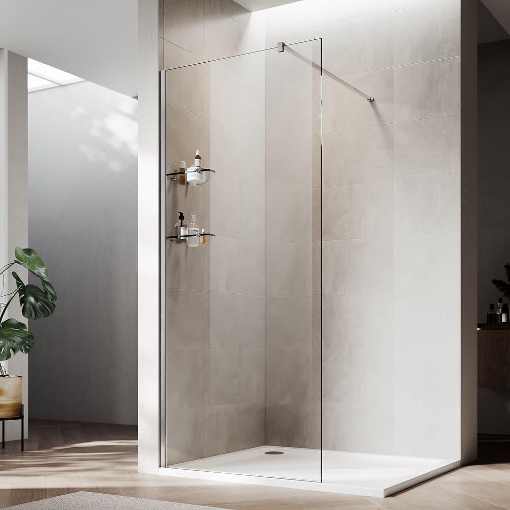 Elegant Frameless Fixed Glass Panel Shower Door 74inch High with 5/16inch Clear Tempered Glass with 2 Corner Shelves
