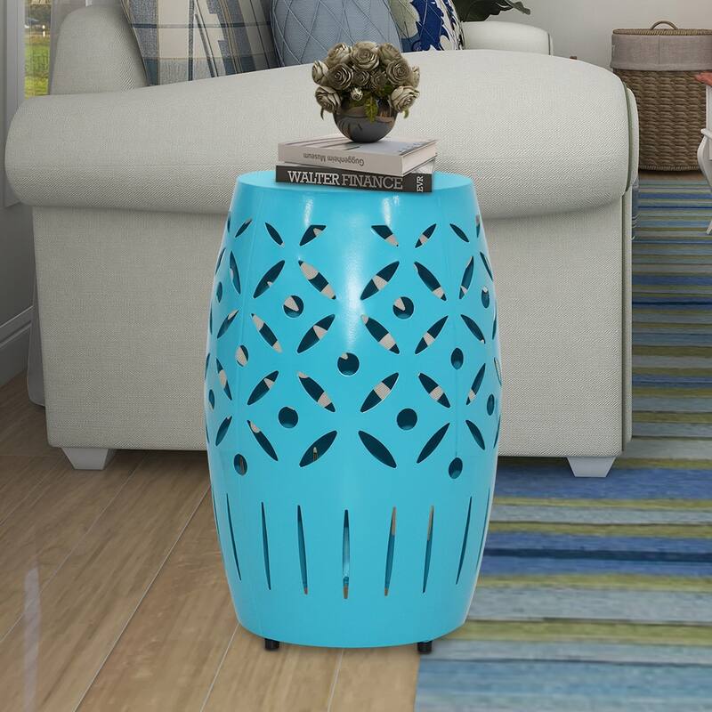 Maypex 18Inch H Geometric Cut Iron Drum End Table - Teal