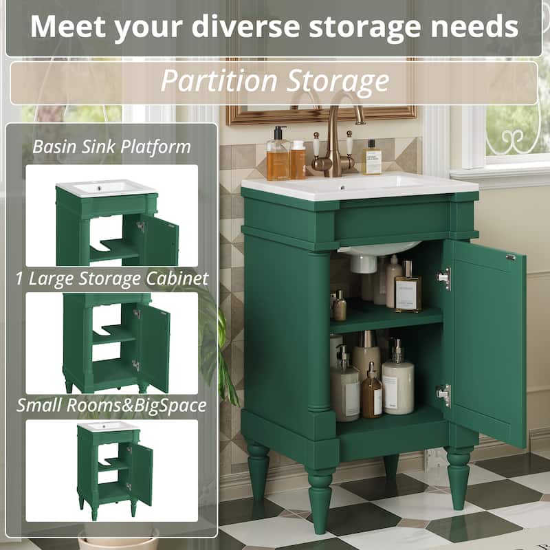 GDFStudio - Wexford Retro Freestanding Bathroom Vanity with Ceramic Sink, Solid Pine Wood Legs & Adjustable Shelf - 18'W