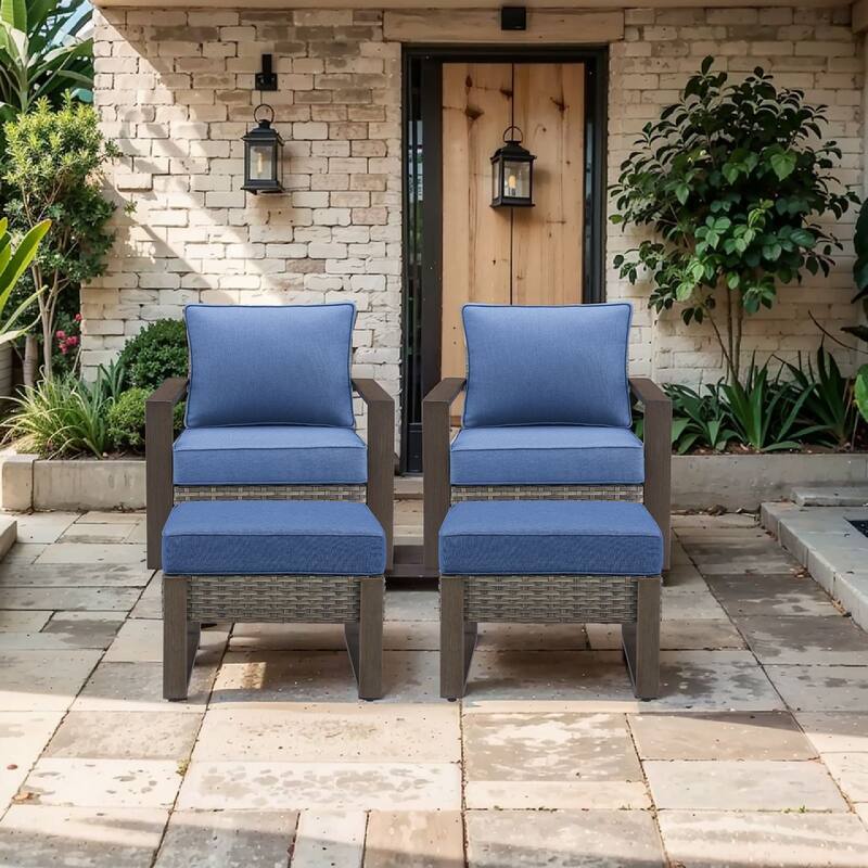 Pocassy Outdoor Patio Chairs Set for Garden Yards - 4 Pieces Swivel Chairs w/ Ottoman - Grey Wicker Blue Cushion