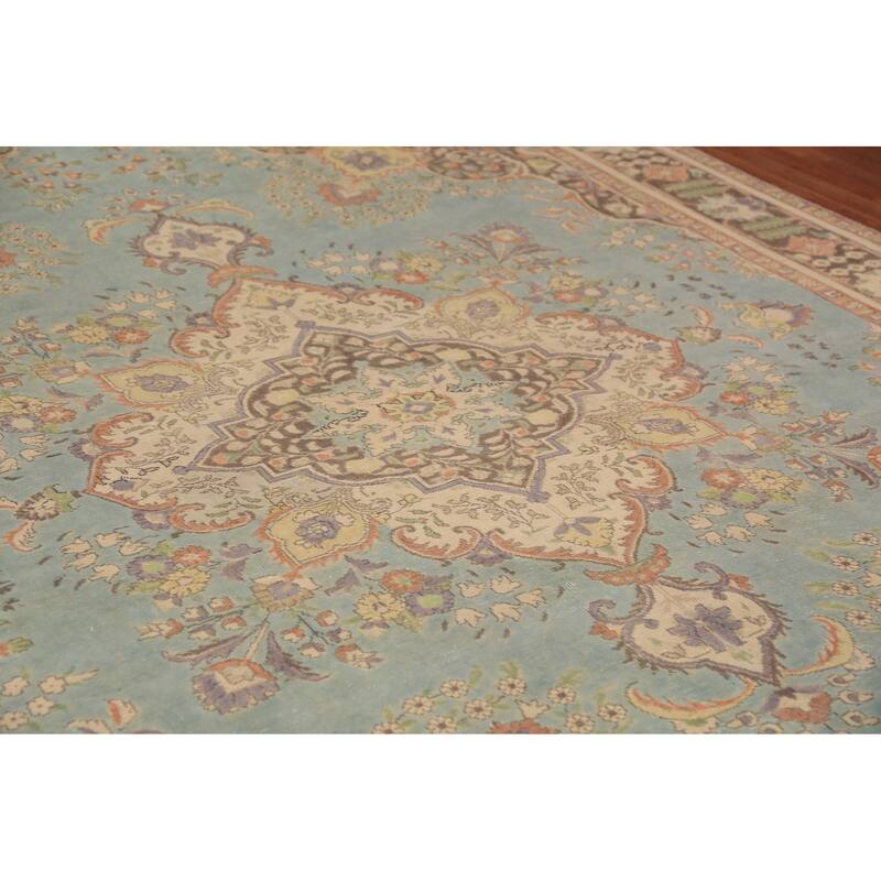 Light Blue Medallion Tabriz Persian Rug Handmade Wool Carpet - 9'7"x 12'10"