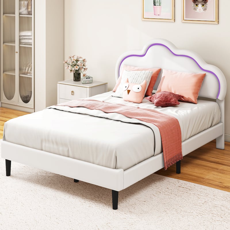 Moasis PU Adjustable Cloud Headboard Bed Frame Platform with LED - White - Full