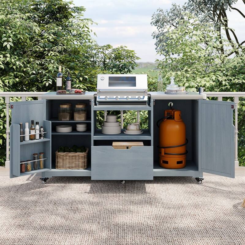 Outdoor Kitchen Island for Big Green Egg Grills, Solid Wood Outdoor Grill Cart w/Stainless Steel Top &Drawer, Patio Kitchen Cart