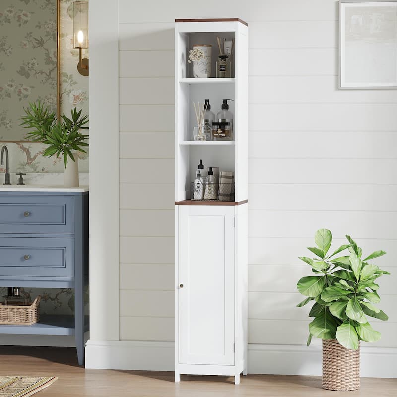 Tall Bathroom Storage Cabinet with Reversible Door, Freestanding Linen Tower with Open Shelves and Enclosed Cabinet