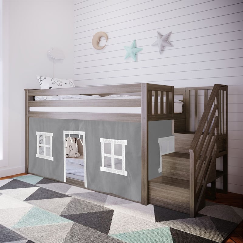 Max and Lily Twin over Twin Low Bunk Bed with Staircase and Curtains