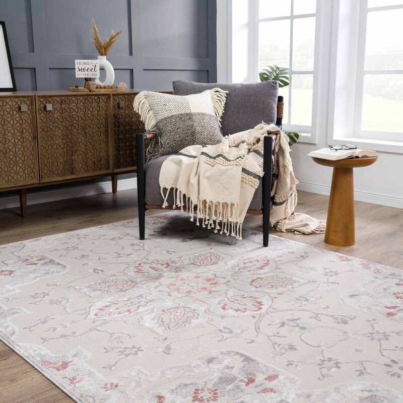 Hauteloom Calum Living Room, Bedroom Area Rug - Farmhouse - High Pile - Pink,Gray - 7'9" x 9'6" - 5'2" x 7' - Pink, Gray, Beige, Brown