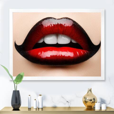 Designart 'Female Lips With Red and Black Lipstick' Modern Framed Art Print