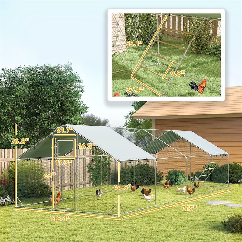 Galvanized Steel Chicken Run with Roof Cover and Secure Lock - 9.8'W x 26.2'D x 6.4'H