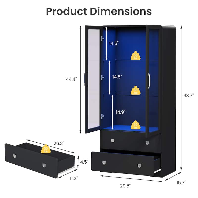 64'' Tall Display Cabinet with Acrylic Doors and LED Lights - N/A