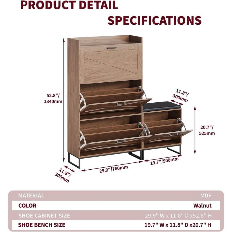 Shoe Storage Cabinet with Bench & Seat Cushion for Entryway, Hallway