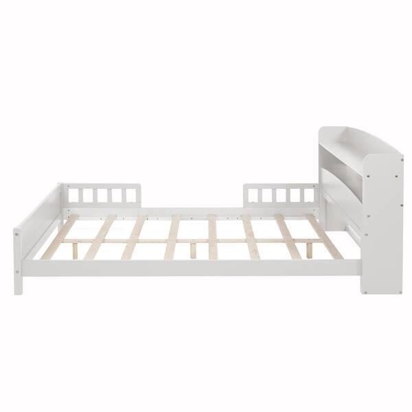 slide 2 of 79, Pine Wood Platform Bed Low-Profile Bed Frame with Storage Headboard, Motion Sensor LED Light, Movable Guardrail, Slats Support White - Full