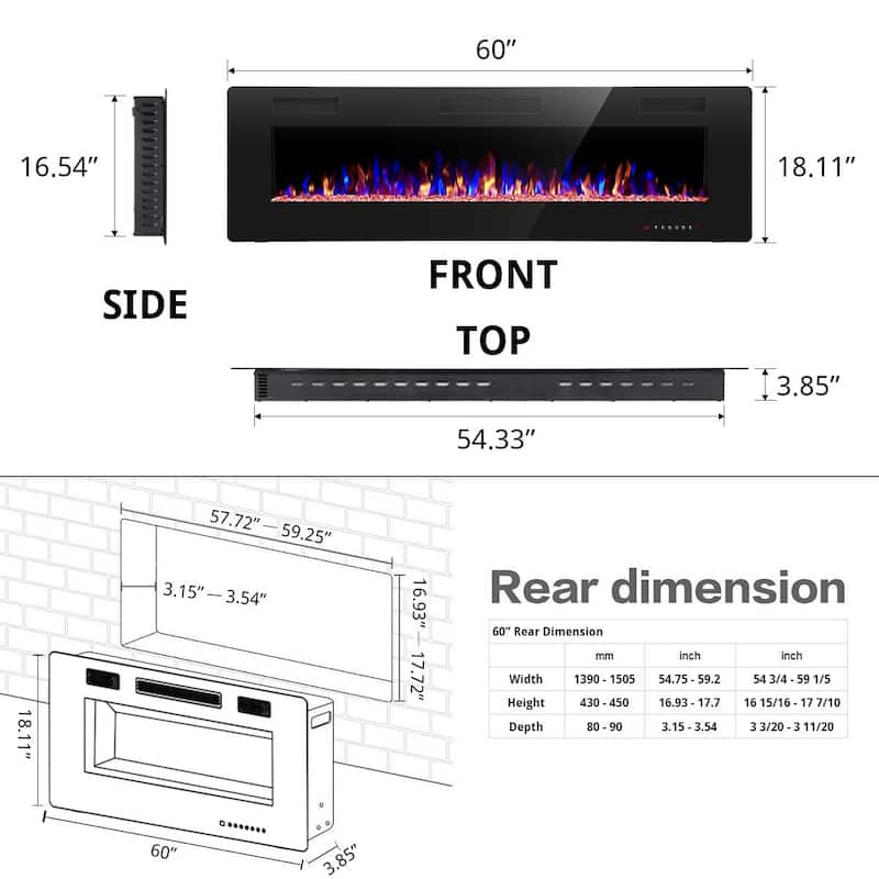 30"-60" Recessed and Wall Mounted Electric Fireplace,750-1500W