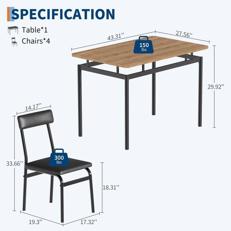 5 Piece Dining Table Set, with 4 PU Upholstered Chair