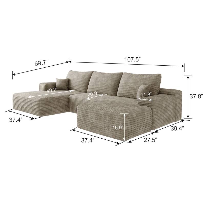 U-Shape Modular Sectional Sofa with Chaise & Ottoman, Corduroy Boneless Cloud Sofa, Corner Upholstered Sleeper Sofa