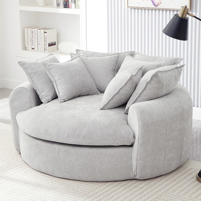 Oversized Round Accent Chair Lounge Chaise, Chenille Upholstered Boneless Sofa Bed, Deep Seat Sleeper Couch Reading Armchair - Light Grey