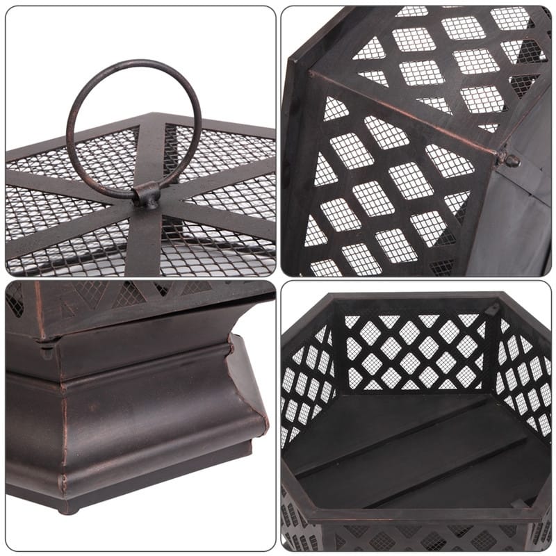 22" Hexagonal Shaped Iron Brazier Wood Burning Fire Pit