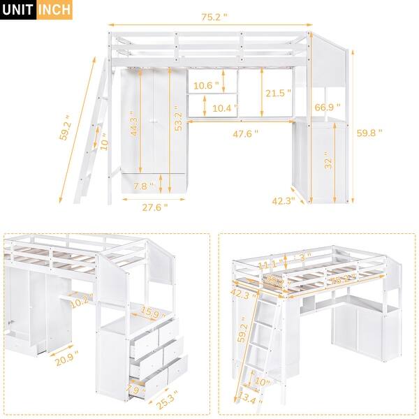 dimension image slide 1 of 2, Pine Wood Loft Bed with Wardrobe, Desk, and Swappable Ladder - Twin Size