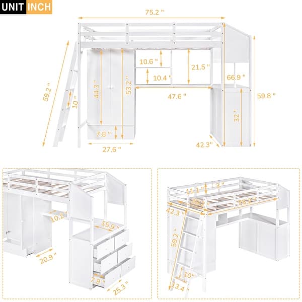 dimension image slide 1 of 2, Pine Wood Loft Bed with Wardrobe, Desk, and Swappable Ladder